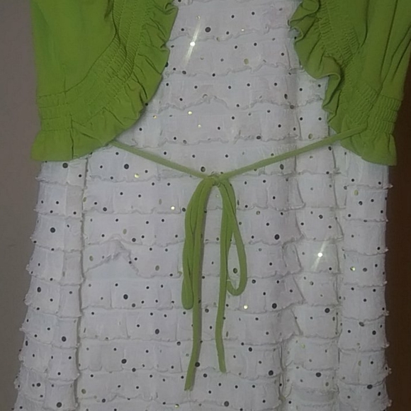 Ruffled white dress with green vest and sequins - Picture 3 of 5